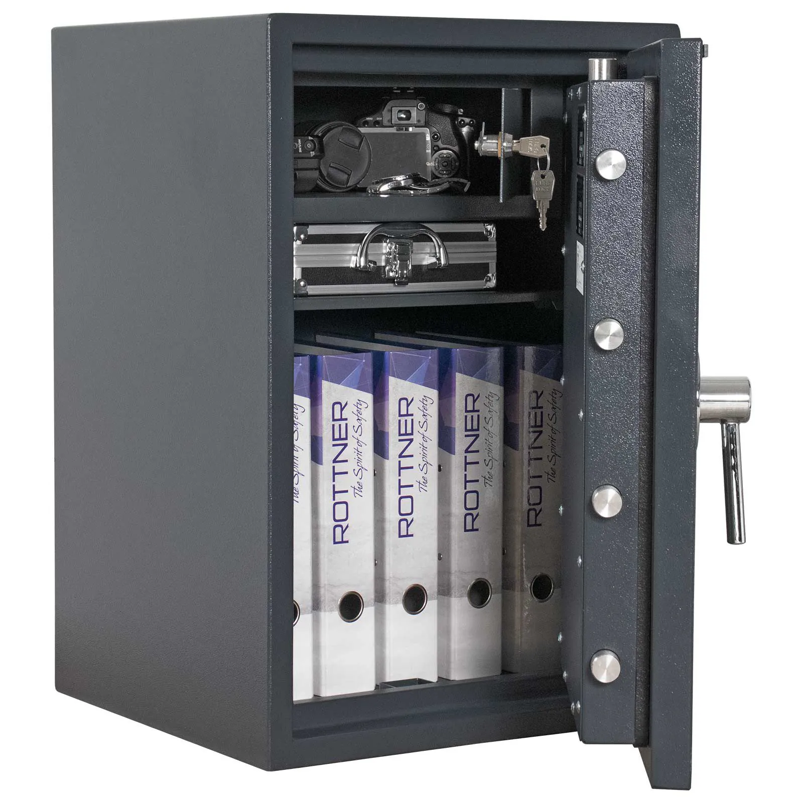 Rottner Atlas Fire 65 Elektronikschloss Anthrazit T05665 – Innenraum mit Ordnern