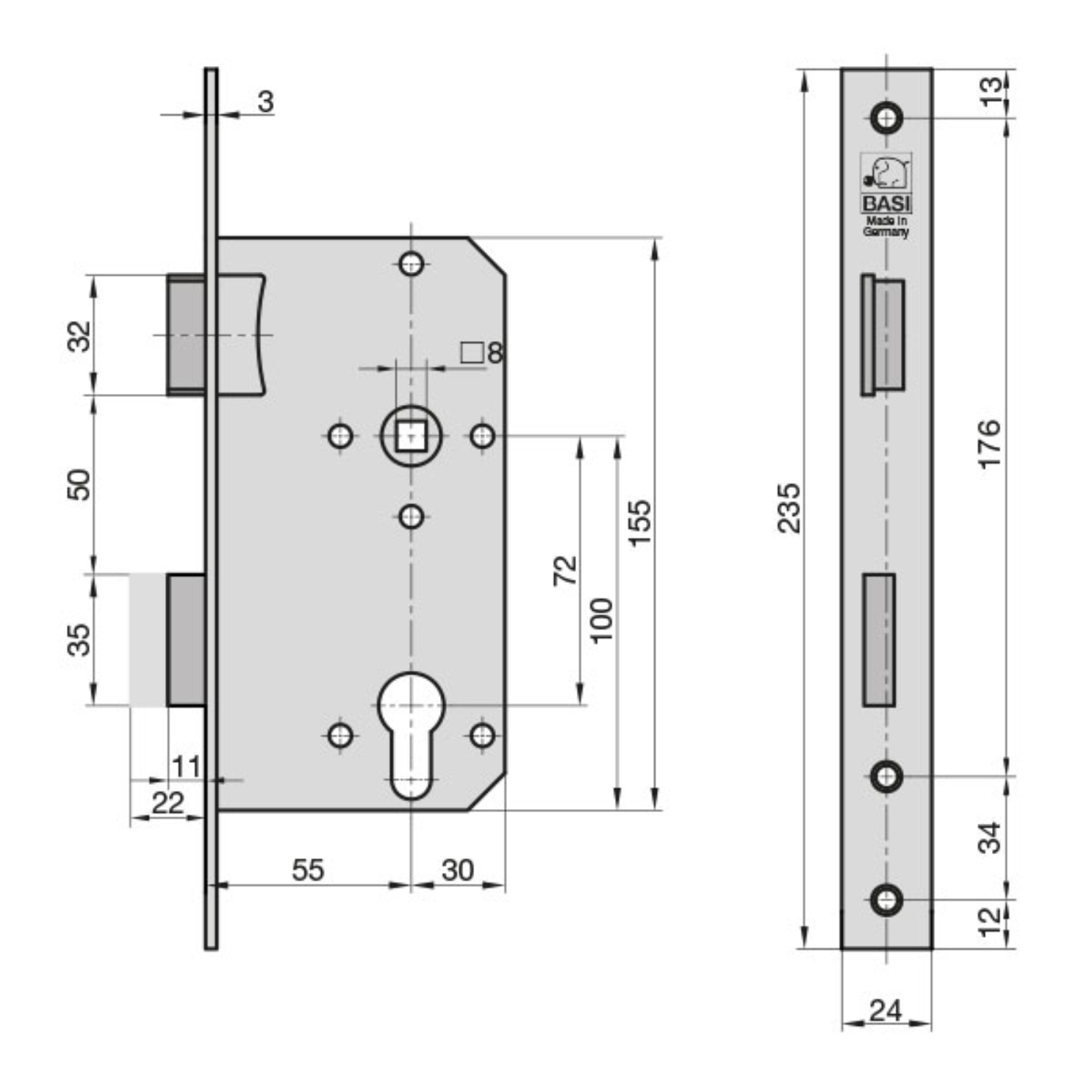 BASI Einsteck-Zimmertürschloss ES 932 für PZ, 55/72/8mm, DIN links – Produktdetail