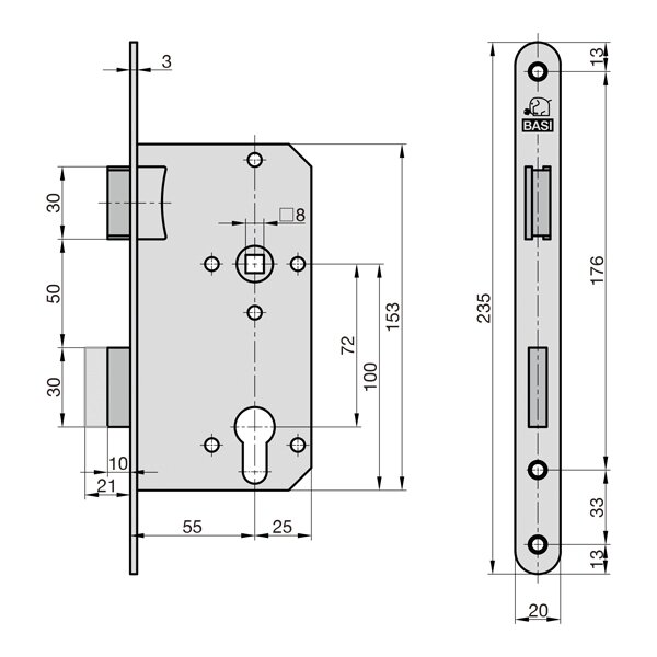 BASI Einsteck-Zimmertürschloss für PZ ES 928 R/L 55/72/8mm – Produktdetail