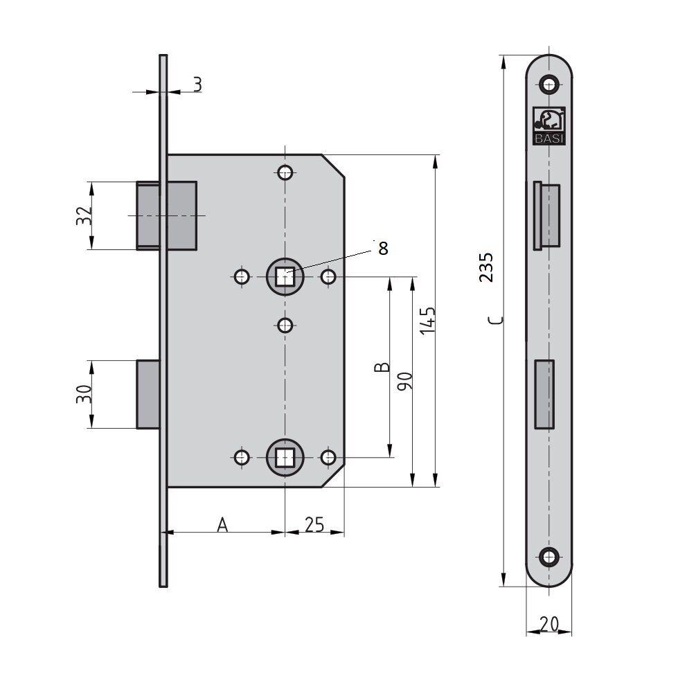 BASI ES 436 Einsteck-Zimmertürschloss BAD, 55/78/8 mm – Produktdetail