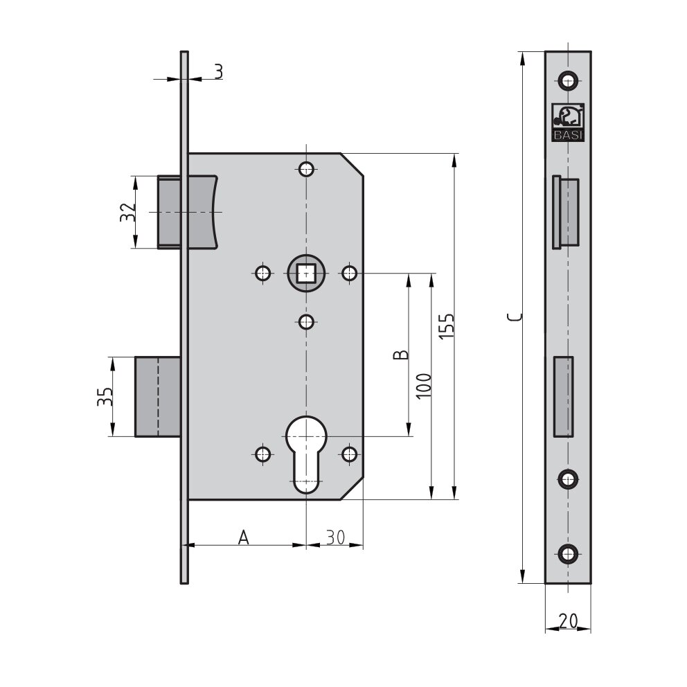 BASI ES 924 Einsteck-Zimmertürschloss PZ, 55/72/8 mm, DIN links – Produktdetail