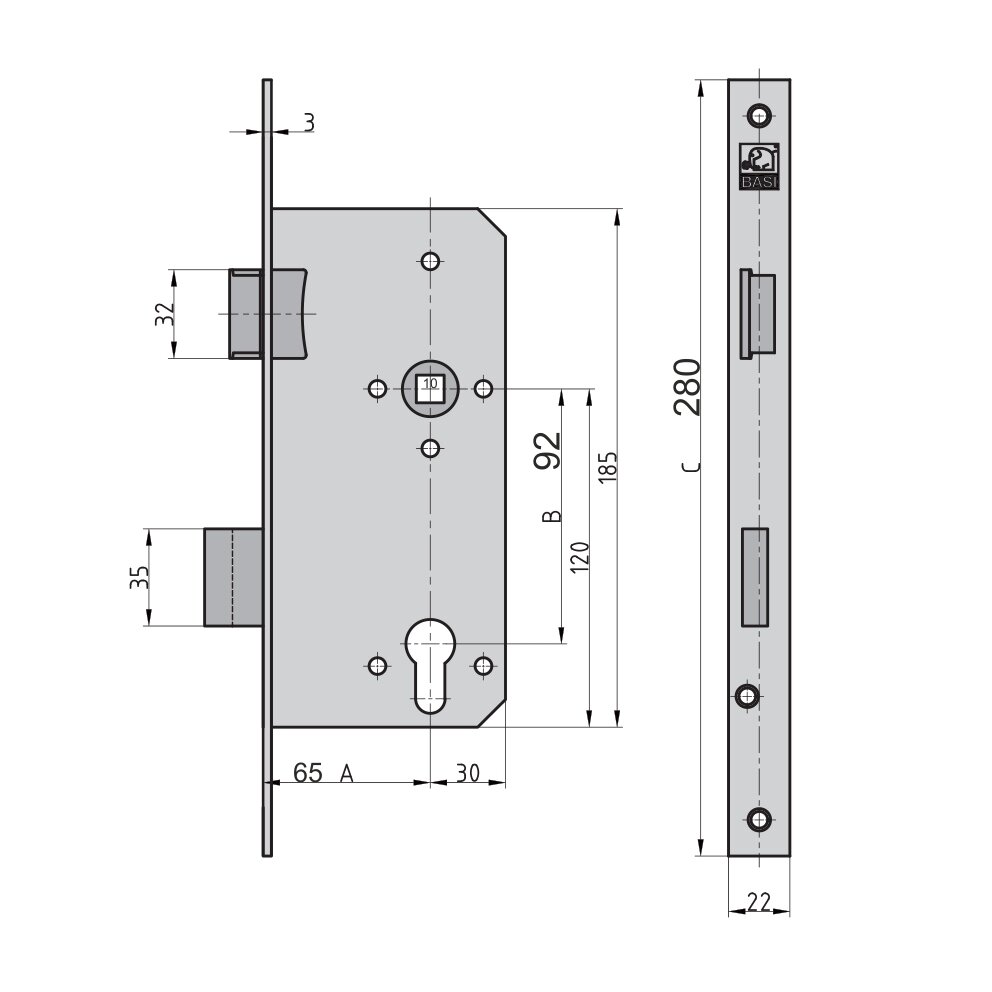 BASI ES 979 Einsteck-Haustürschloss PZW, 65/92/10 mm – Produktdetail