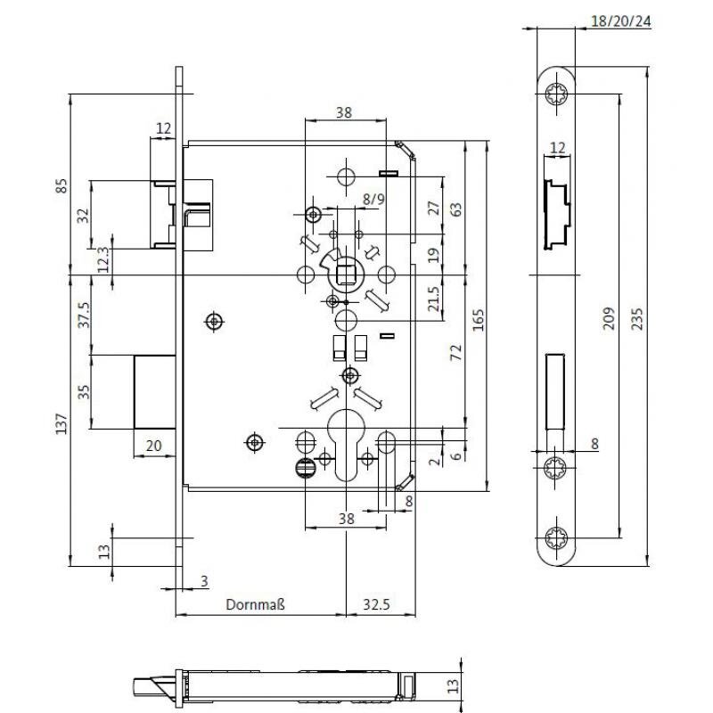BKS Einsteck-Objektschloss 0515 PZ F20/D65/E72 links-käntig – Produktdetail