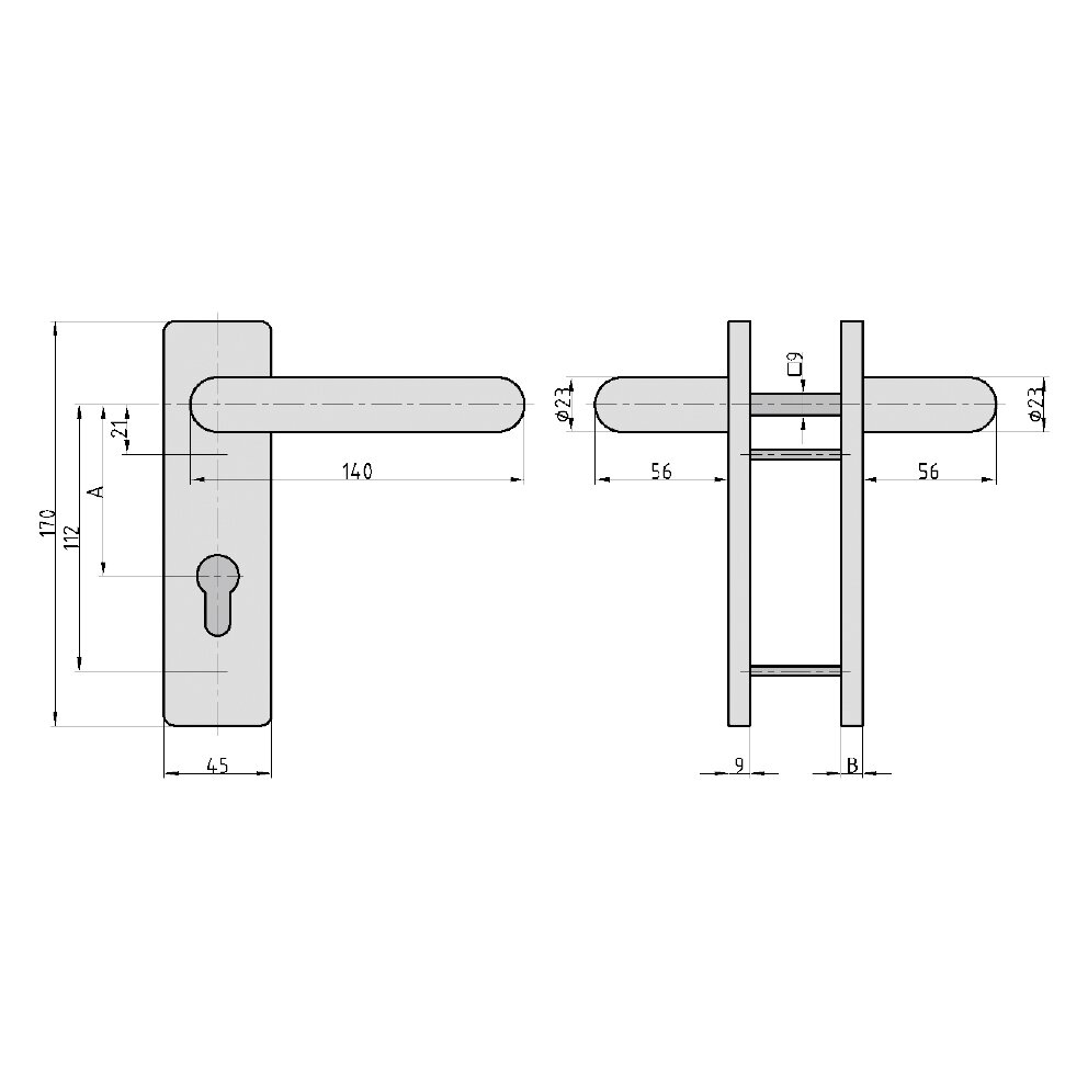 FH-Drücker-Garnitur ZT/FS 2150, Kurzschild eckig, 9 mm, schwarz, Feuerabschlusstüren – Produktdetail